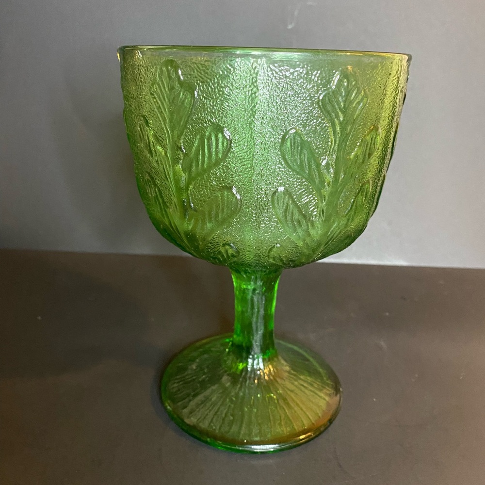 Vintage FTD Green Glass Goblet Vase 6.5" Tall Oak Leaves 1975 Candy Dish